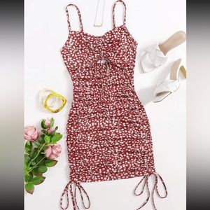 Cut Out Drawstring Knot Front Ditsy Floral Slip Dress